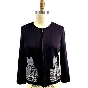 Vtg 90s Onque Casuals Cotton/Poly Black Zip-up Sweater Kitty Pockets Grandma M
